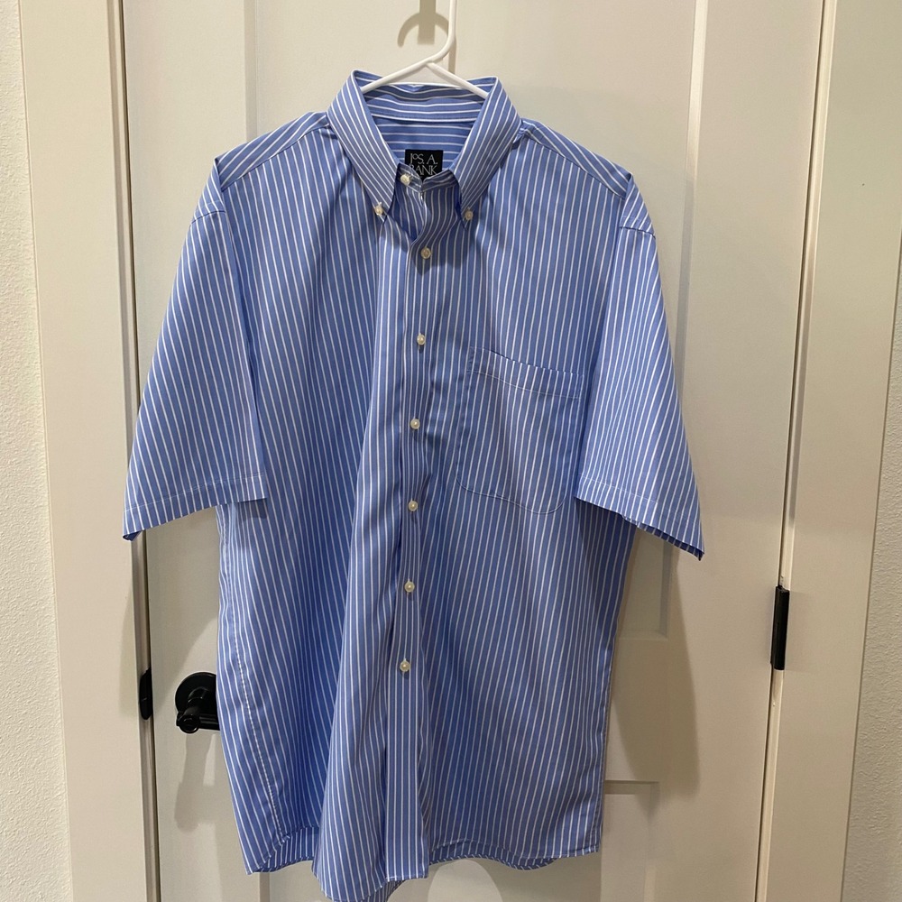 Jos. A. Bank Travelers Collection Mens Large Blue White Striped SS Button Down